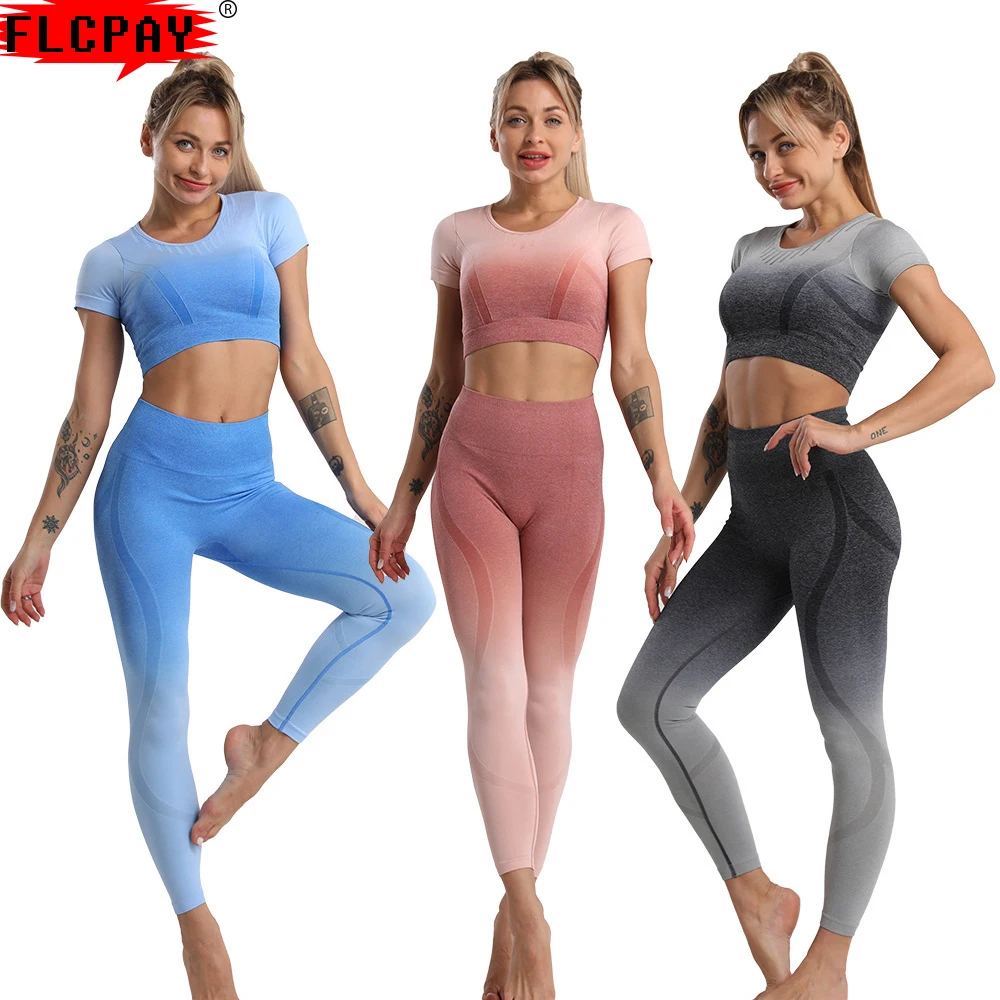 

Yoga Set for Women High Waist Tight Sports Top Fitness Leggings Workout Shorts Gradient Sportswear Tracksuits Pants Suits Female
