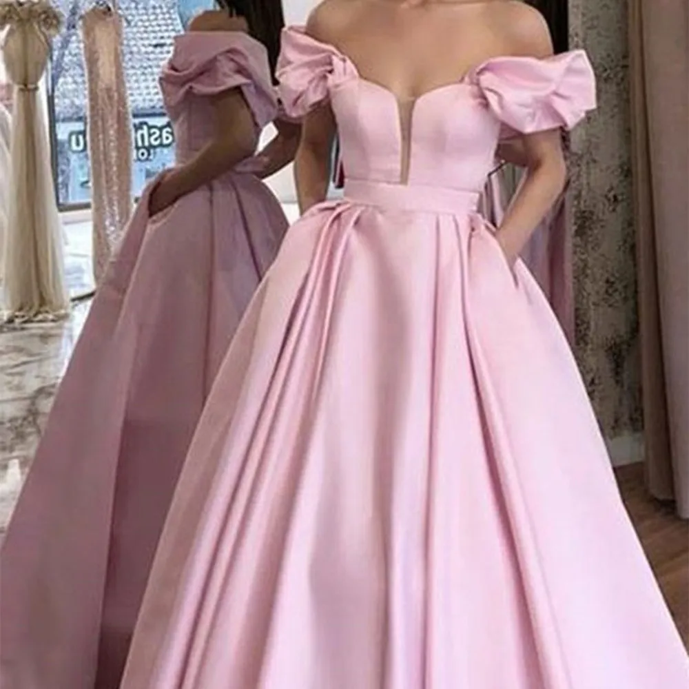 

Женское атласное платье с открытыми плечами, розовое длинное ТРАПЕЦИЕВИДНОЕ ПЛАТЬЕ С Карманами и пышными рукавами, для выпускного вечера, ...