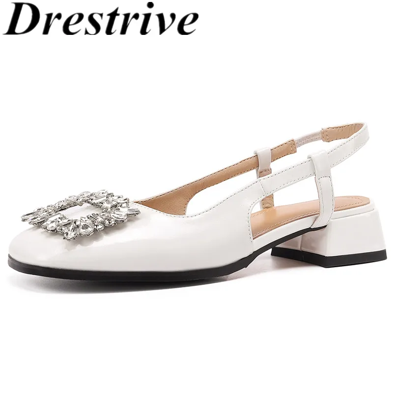 

Drestrive 2022 New Arrival Women Sandals Crystal Knot Square Toe Thick Low Heel Patent Leather Summer Shoes Top Quality