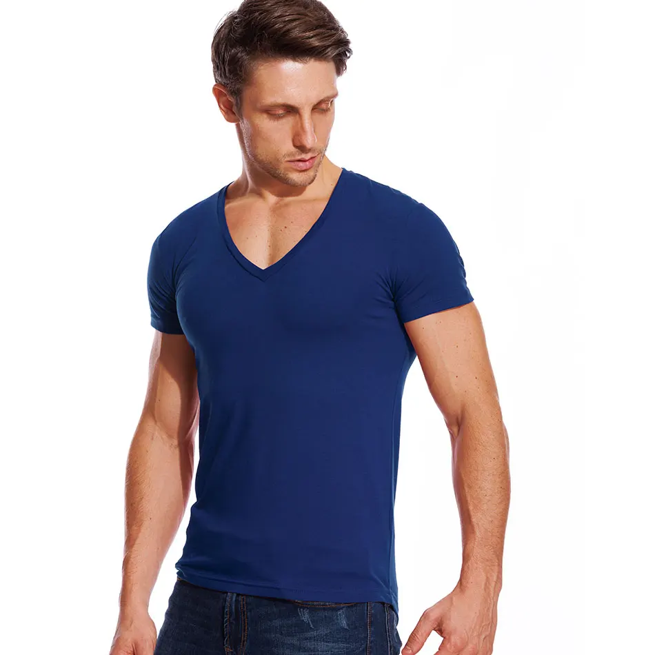 

Solid V Neck T Shirt for Men Low Cut Stretch Vee Top Tees Slim Fit Short Sleeve Fashion Male Tshirt Invisible Undershirt Summer