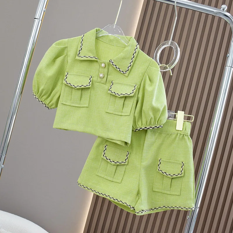 

Kids Girls Suits Fashion Turn Down Collar Puff Short Sleeve Tops + High Waist Casual Shorts Korean Version Two Pieces Sets
