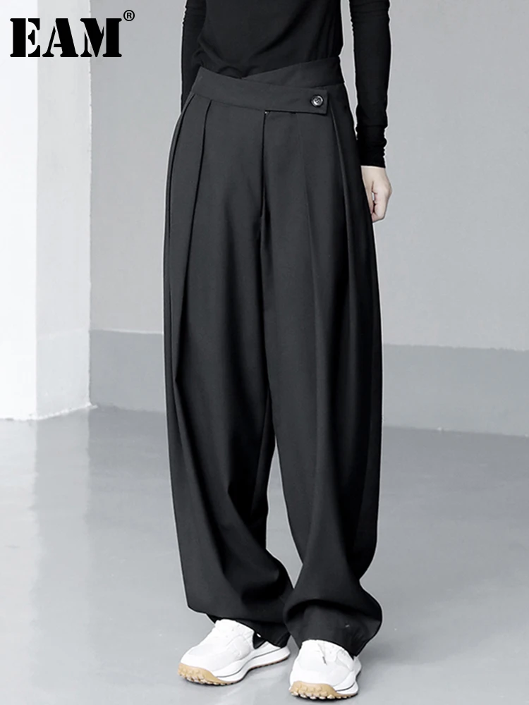 

[EAM] High Elastic Waist Black Pleated Long Wide Leg Trousers New Loose Fit Pants Women Fashion Tide Spring Autumn 2022 1DD9447