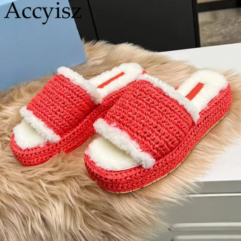 

Осенне-зимние шерстяные тапочки на толстой подошве, вязаные тапочки с открытым носком для женщин, уличная теплая обувь на платформе, модель 2023 года