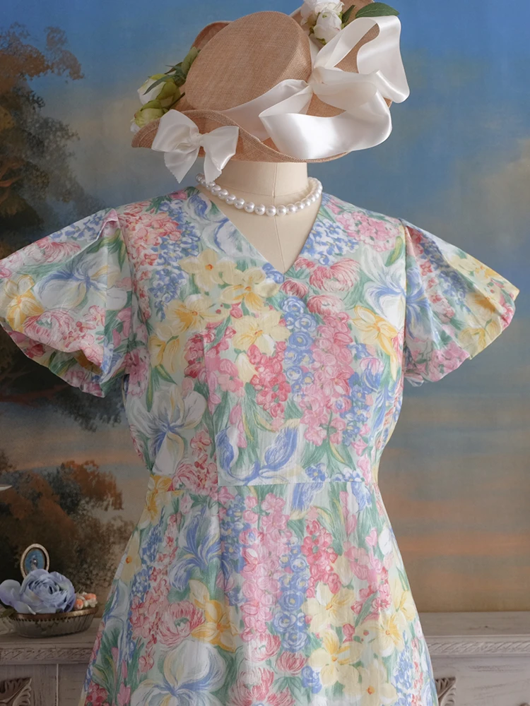 Spring Summer Women Loose Plus Size Vintage Style 30s Elegant Lady Romantic Pink Floral Print Handmade Cotton Dresses