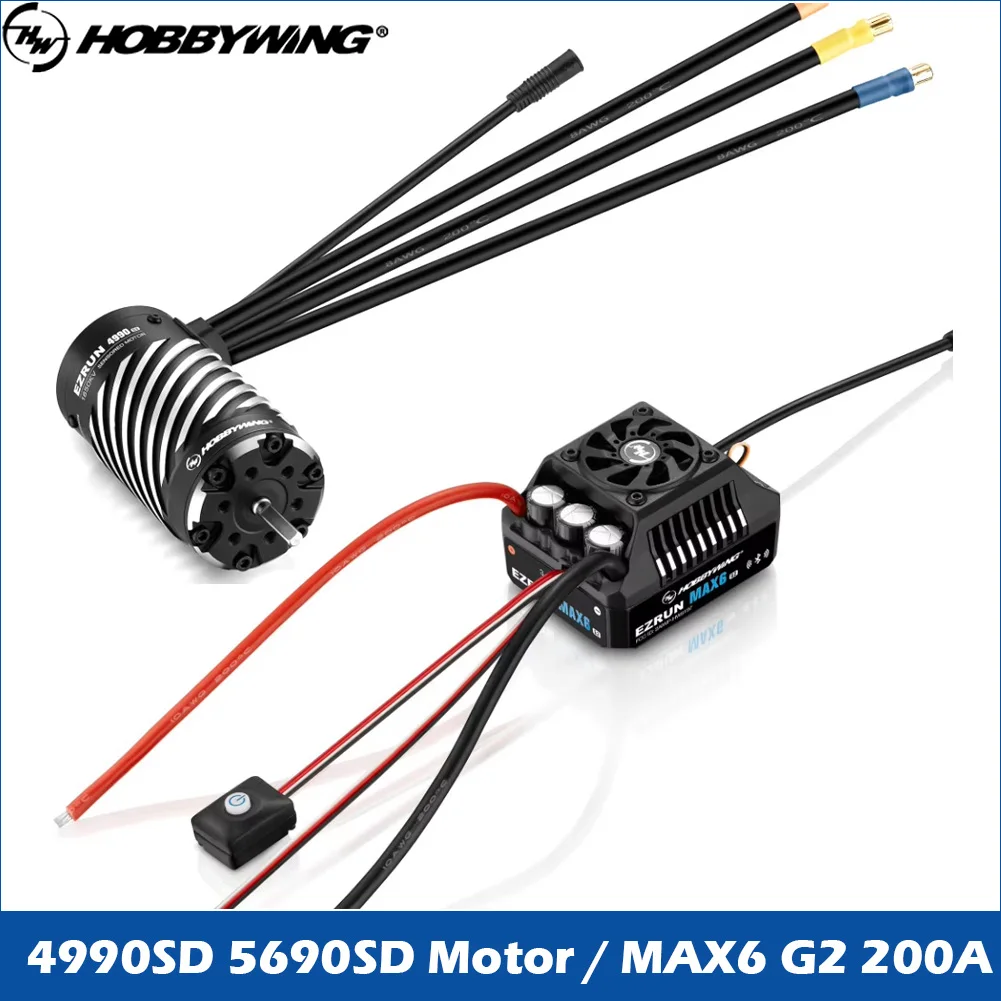 Фото Бесщеточный регулятор скорости Hobbywing EZRUN MAX6 G2 200A 3-8s с датчиками и мотором EZRUN 4990SD 5690SD G2-1650KV 1250KV для автомобилей масштаба 1/5, 1/6, 1/7, 1/8. №1