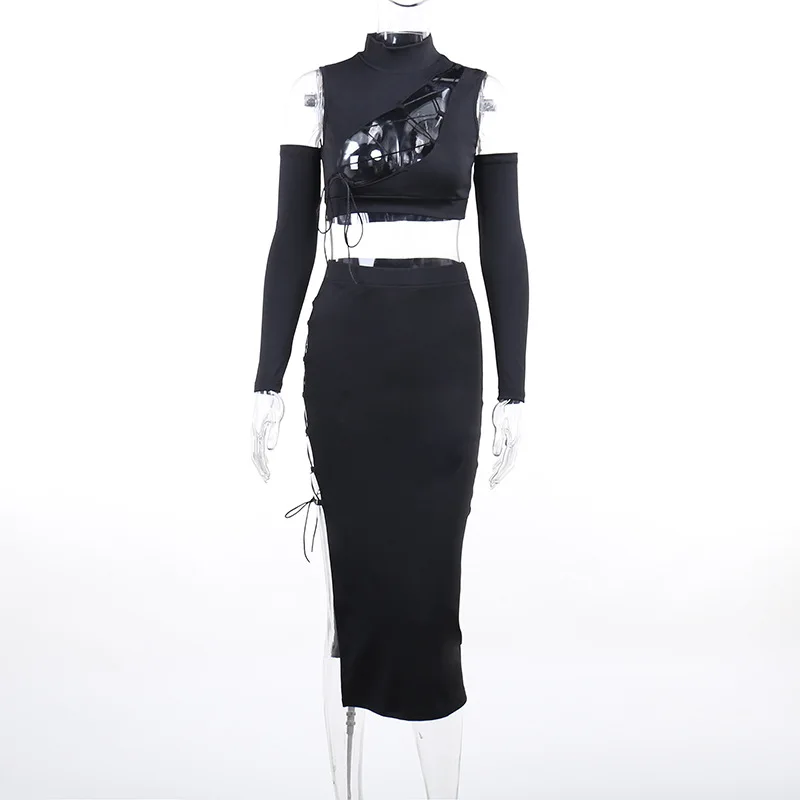 

Sexy Split Skirt Suit Spicy Girl Women Summer Sexy Hollow Out Slim Fitting Navel Tops & High Waist Irregular Lace Up Skirt Set