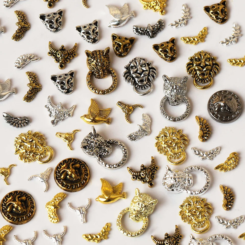 

20pcs Retro Punk Nail Art Charm Forest Beast Eagle Cheetah Cattle Lion Metal Nail Decoration Jewelry Gothic Nail Accessories