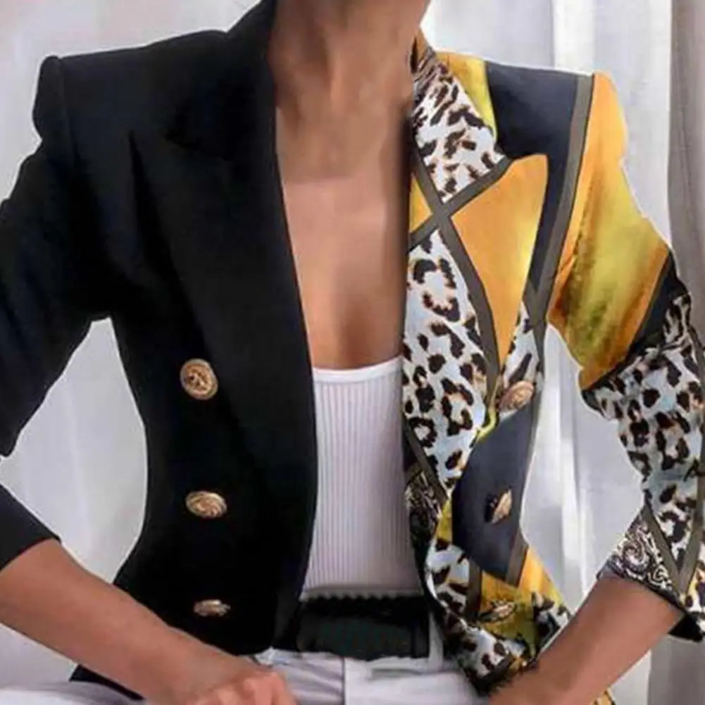 Women Blazers Elegant Double Breasted Turn Down Collar Suit Coat Autumn Winter Office Lady Blazer Jacket Fashion Print