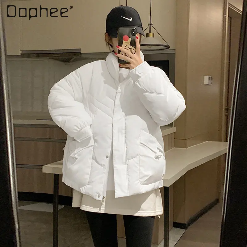 Women's Winter Short down Jacket New Loose Thick Hooded Cotton Coat ladies solid color stand collor single breasted jackets