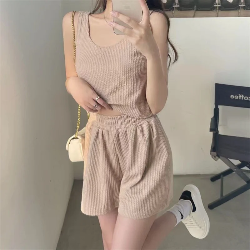 

Women's Waffle Tank Top High Waist Elastic Pants Shorts Two Piece Set Summer Comfort Casual Short Set Girl's Solid Suit