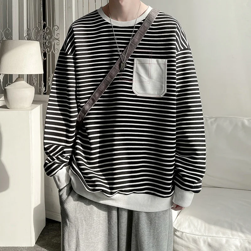 

High quality Striped Sweater Men's 2023 New Autumn Top ins Fashion Brand Loose Round Neck Undercoat Coat
