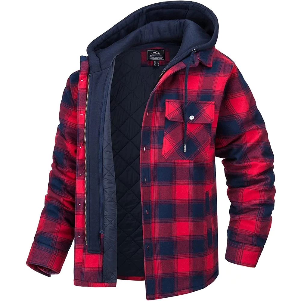 2023 Hot Men's Flannel Detachable Hooded Jacket Plaid Quilted Lined Winter Jacket Thickened Hooded Jacket Outerwear Men's Fleece