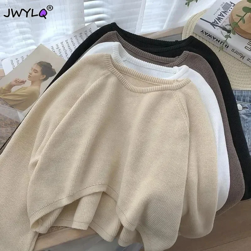 

Vintage O Neck Cropped Sweater Sid Cor Simple Loose Long Sleeve Knitted over Sweater Women Streetwear Short Sweater 2023