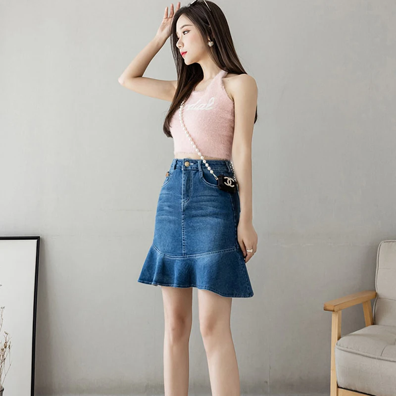 

Retro Blue Midi Length Denim Skirt Women Y2k Summer 2022 High Waist Mermaid Long Jeans Skirts Female Simple Sexy Korean Fashion