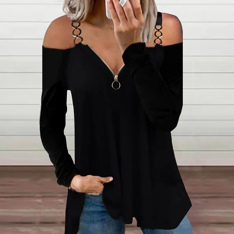 Женская футболка с длинным рукавом V-образным вырезом и открытыми плечами |