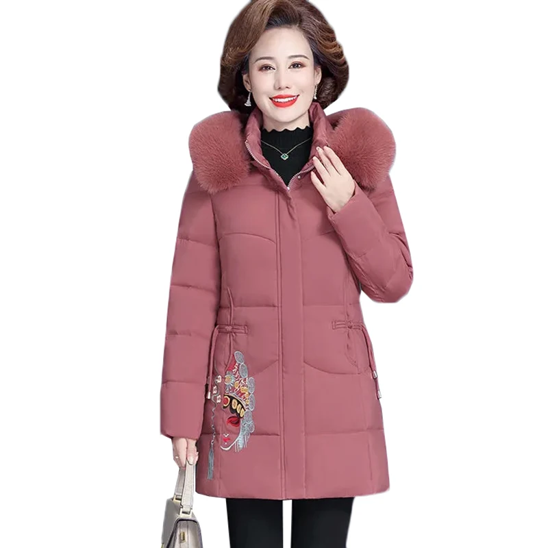 Middle Aged Women Cotton Padded Coat Down Jacket New Fashion Hooded Fur Collar Parkas Women Winter Jacket Coat Outerwear
