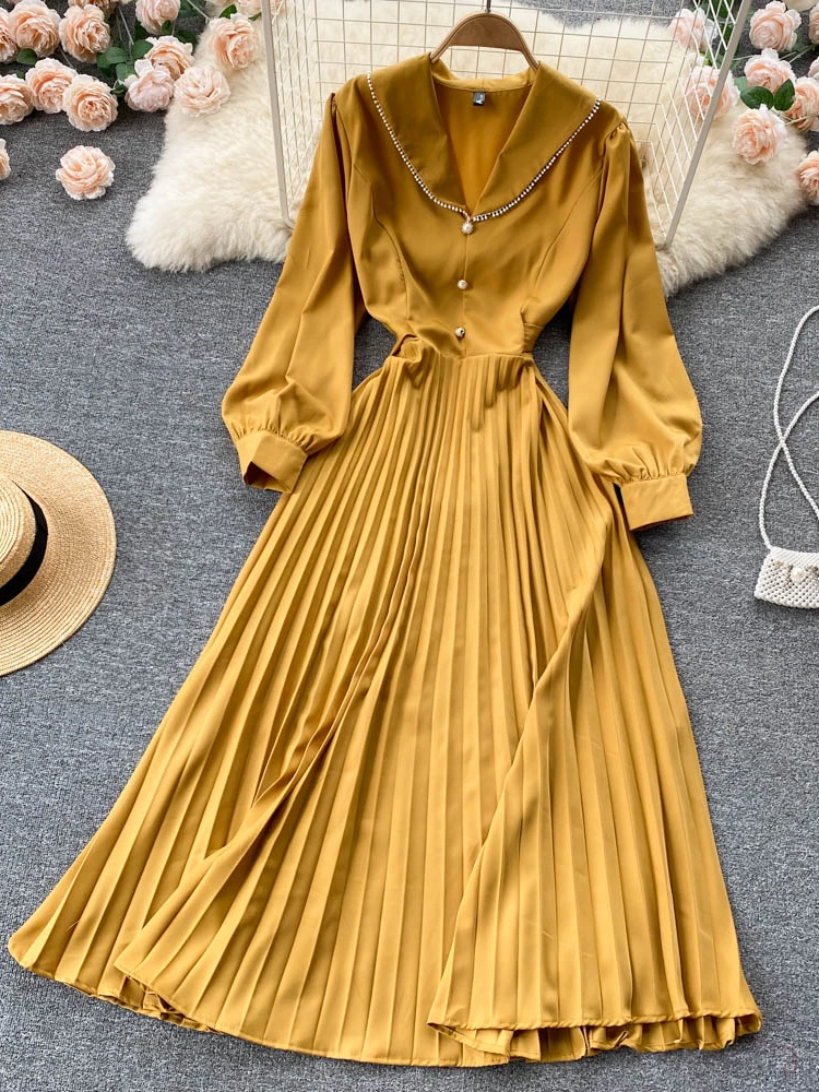 

Fitaylor New Spring Chiffon Long Dress Women Elegant V-neck Buttons Lace-up Pleated Dress Lady Fashion Solid Color A-line Dress