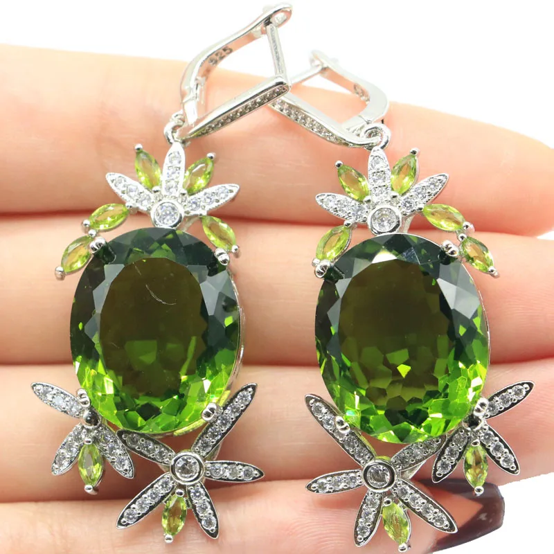 

61x25 мм европейский дизайн длинные большие 22 г Зеленый Перидот розовый кунцит CZ женские свидание серебряные серьги