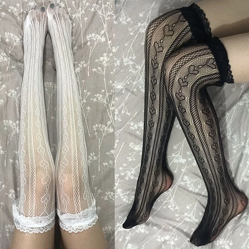 

Женские длинные носки, милые японские носки-чулки в стиле "Лолита", сетчатые Гольфы выше колена, студенческие кружевные дышащие черные носки...