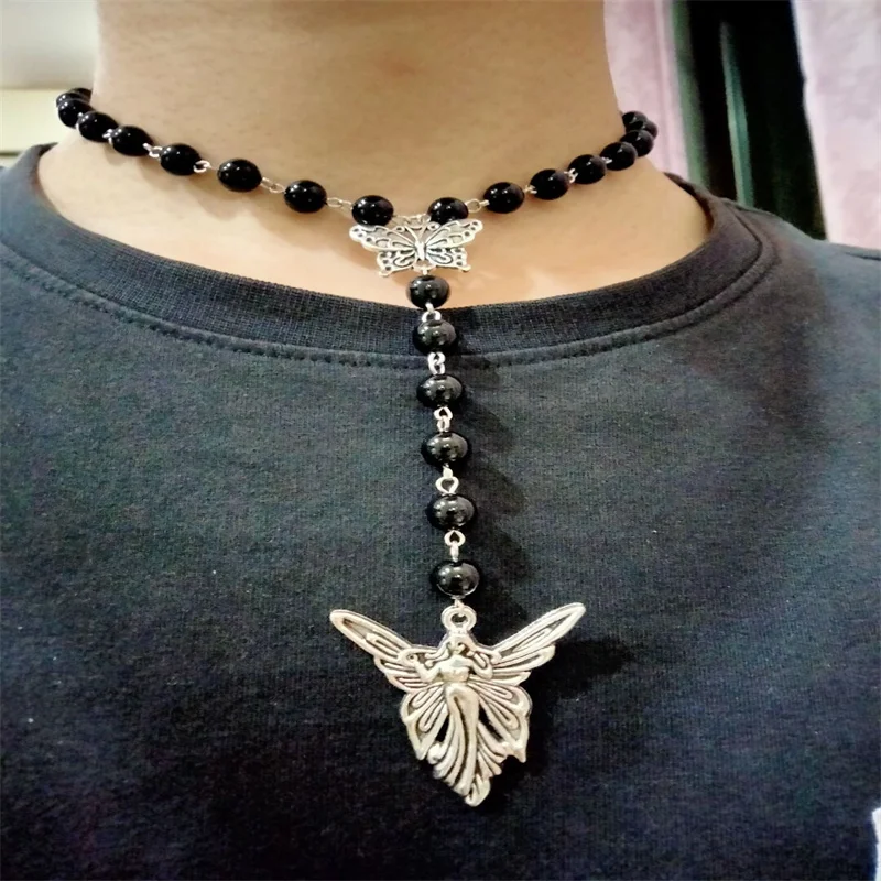 

Butterfly Fairy core Rosary- Black Beaded Necklace-FAIRY CHARM necklace-y2k Necklace- grunge -Gothic-fairycore Jewellery