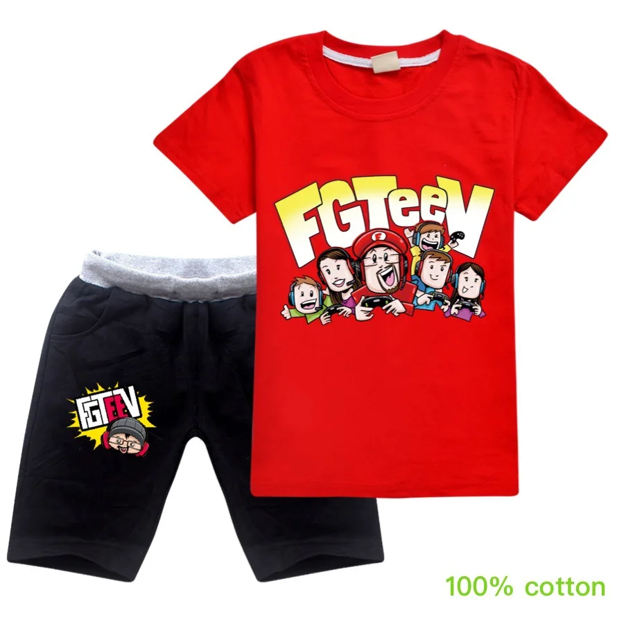 Cartoon FGTEEV T Shirt Kids Summer T-shirt + Sport Pants 2pcs Sets Children's Clothing Baby Boy Clothes Girls Outfits