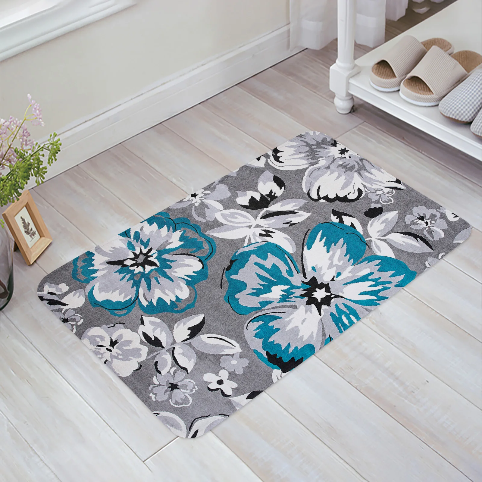 

Flower Blue Grey Texture Entrance Doormat Home Living Room Bedroom Carpet Kitchen Bathroom Non-slip Floor Mat