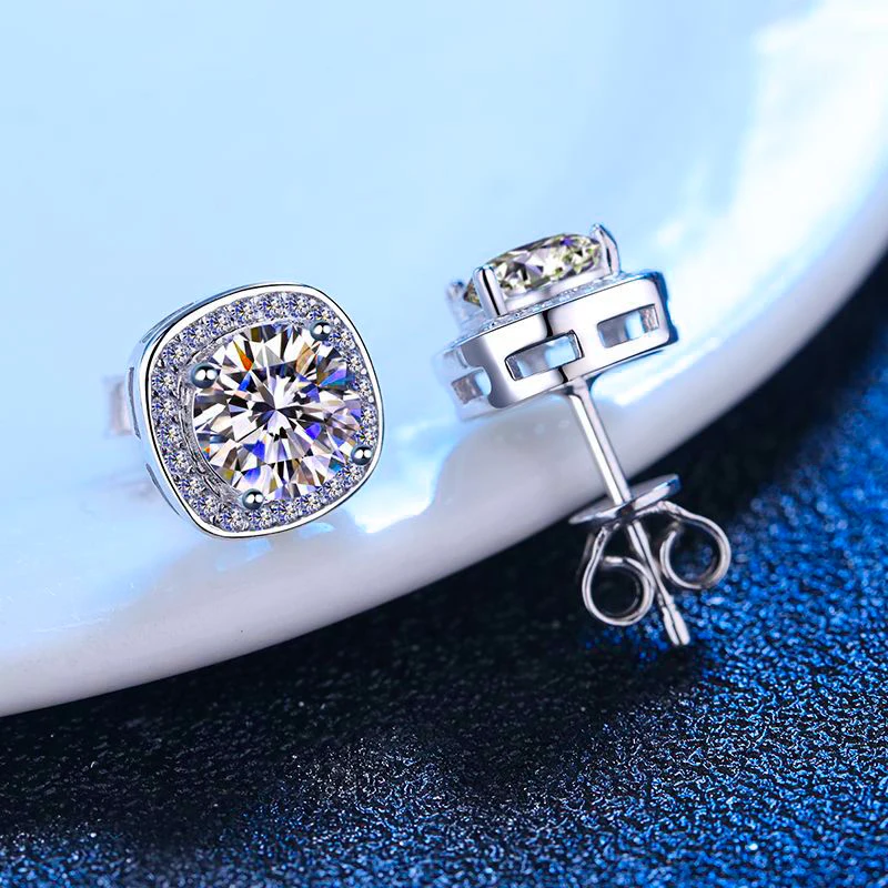 

100% Moissanite Stud Earrings 0.5-1CT Carat Clear/Pink Moissanite Halo Stud Earrings S925 Sterling Silver Earring For Women Men