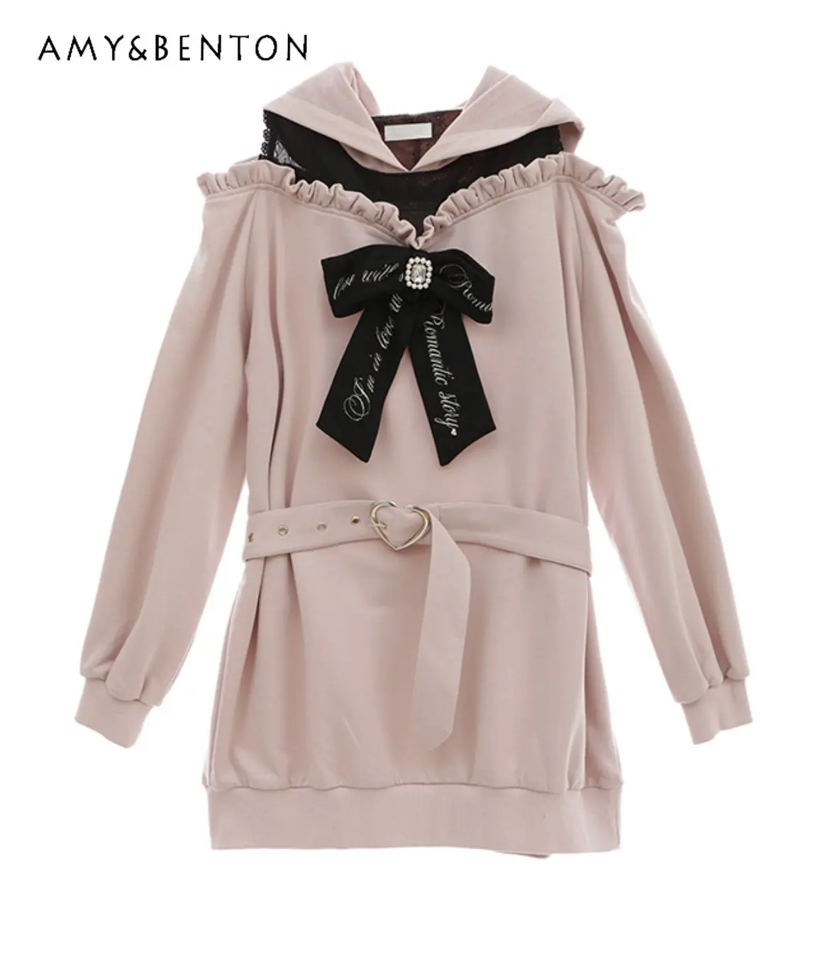 Oversize Loose Sweatshirt Dress for Women Autumn New Hooded Lace Patchwork Cold-Shoulder Long Sleeve Embroidered Bow Pullover