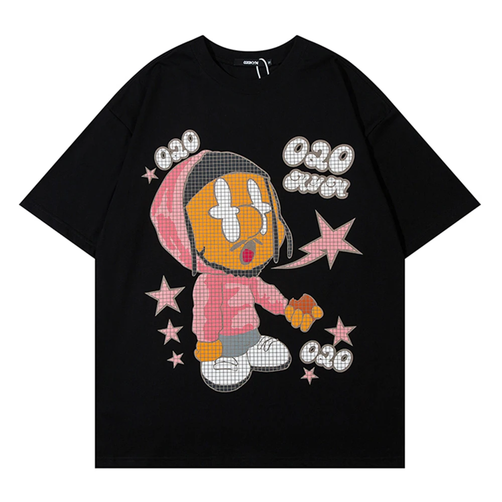 

Свободная футболка в стиле хип-хоп с мультяшным принтом, летняя уличная Мужская хлопковая футболка с коротким рукавом, Мужской Топ