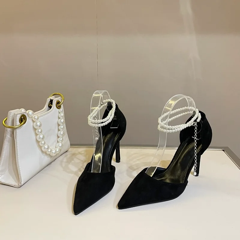 

Женские туфли-лодочки на шпильке, черные или Белые Повседневные туфли на высоком каблуке с ремешком-бабочкой и жемчужинами для свадьбы и ве...