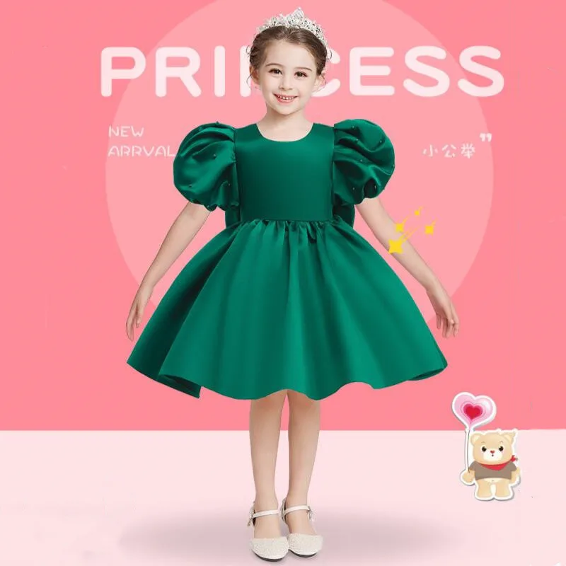 

Girls Pearl Puff Sleeve Dresses Kids Satin Tulle Vestido Gown Princess Vintage Christmas Wedding Birthday Party Dress Cute Gift