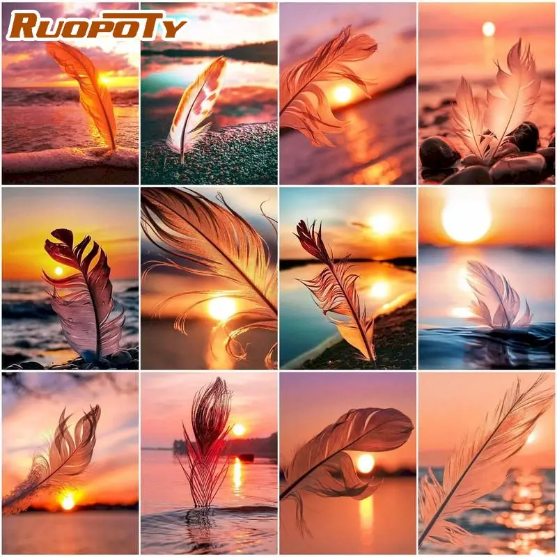 

RUOPOTY Frame Paint By Numbers Sun Feather For Adults Friends Painting By Number Painting Unique Gift