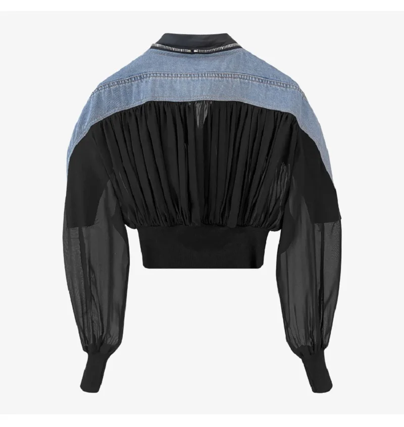 Женская джинсовая куртка новая с воротником-стойкой и плиссированным подолом