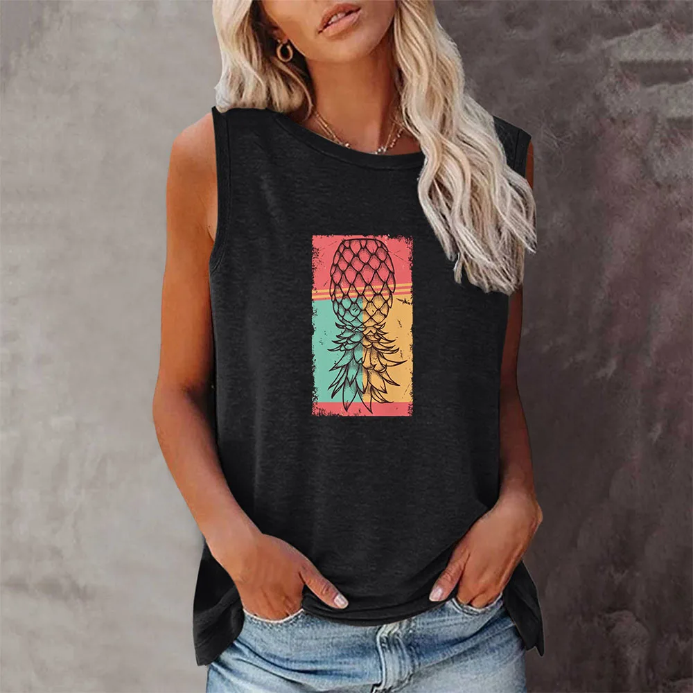 

Seeyoushy Square Pineapple Ladies O Neck Sleeveless T-shirt Summer Trend Printed T-shirt Harajuku Women Clothing Ropa Para Mujer