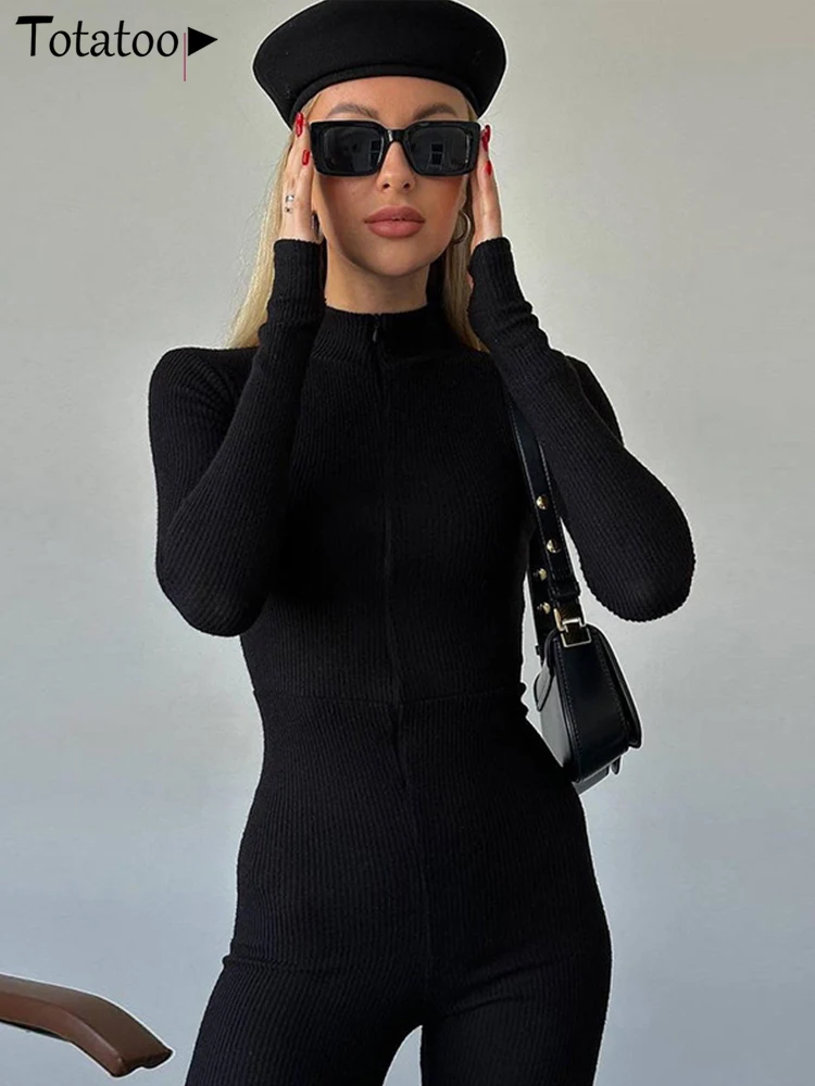Totatoop модный вязаный комбинезон в рубчик на молнии спереди для женщин 2023 тонкие