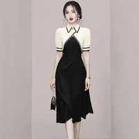 womens summer new korean version high end temperament polo collar short sleeve small coat suspender skirt dress two piece set