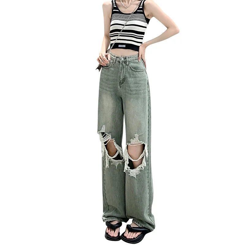 

2023 Spring Summer Womens Big hole jeans women Jean Pants Trousers thin loose high waist straight wide leg floor Length pants