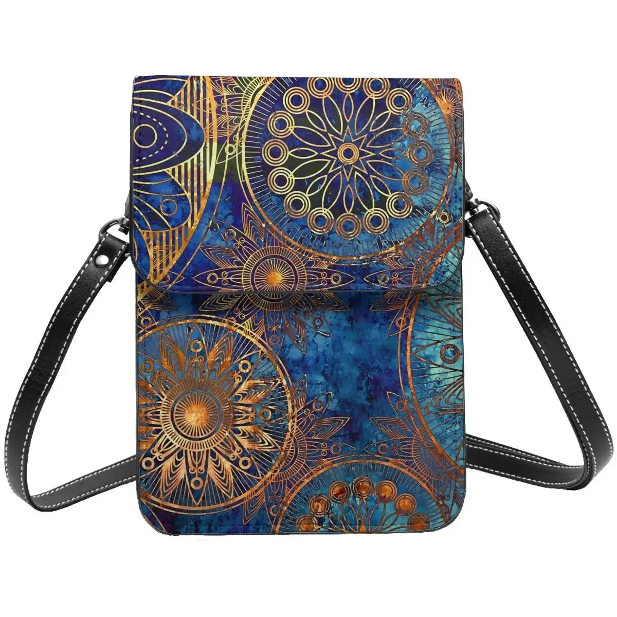 

Celestial Steampunk Shoulder Bag Blue Gold Mandala Student Gifts Mobile Phone Bag Retro Leather Work Bags