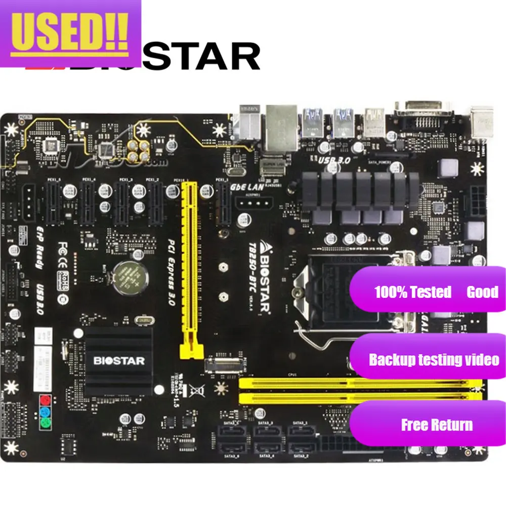 BIOSTAR TB250-BTC Mining материнская плата DDR4 для intel LGA 1151 32GB DVI SATA3 B250 материнская плата для настольного компьютера