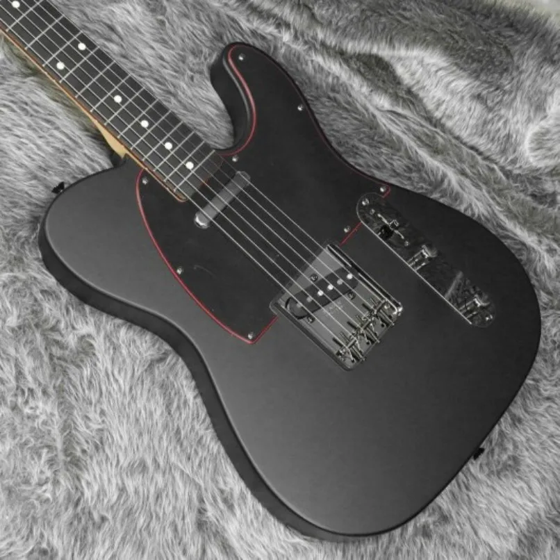 

2023 New!!! Matte Black Color Tele Electric Guitar, Solid Body, Rosewood Fretboard, Black Pickguard With Red Edge