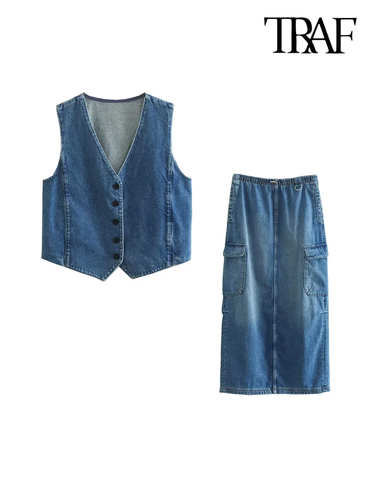 

Комплект из двух предметов женский джинсовый, жилет на пуговицах спереди и юбка миди с завышенной эластичной талией и накладными карманами,...