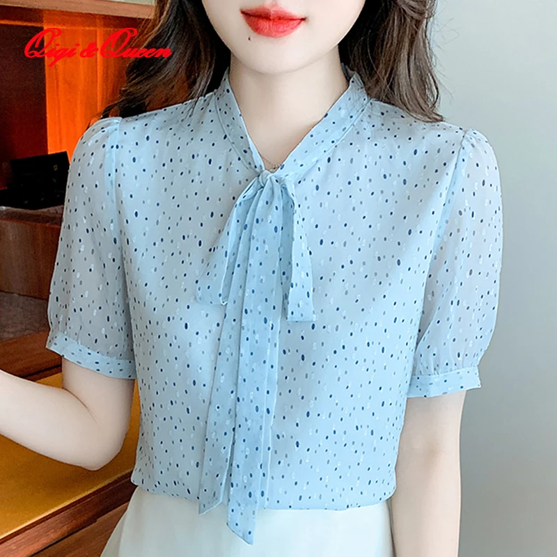 

Qiqi & queen 2023 летние топы на шнуровке с винтажным принтом свободные повседневные рубашки женская одежда офисные Блузы элегантные шифоновые блузки