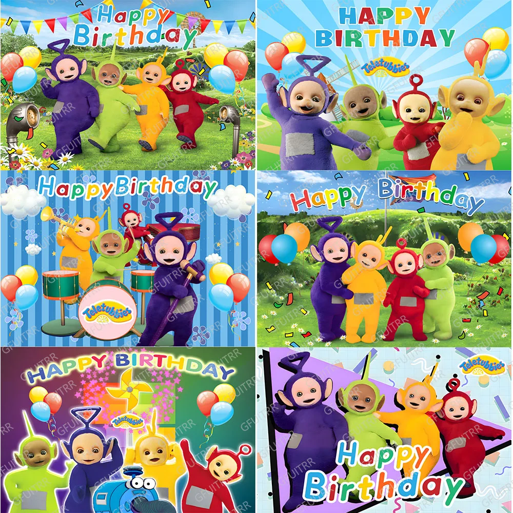 GFUITRR Teletubbies Photography Backdrop Kids Birthday Rainbow Balloons Baby TV Photo Background Grass Vinyl Photo Booth Props