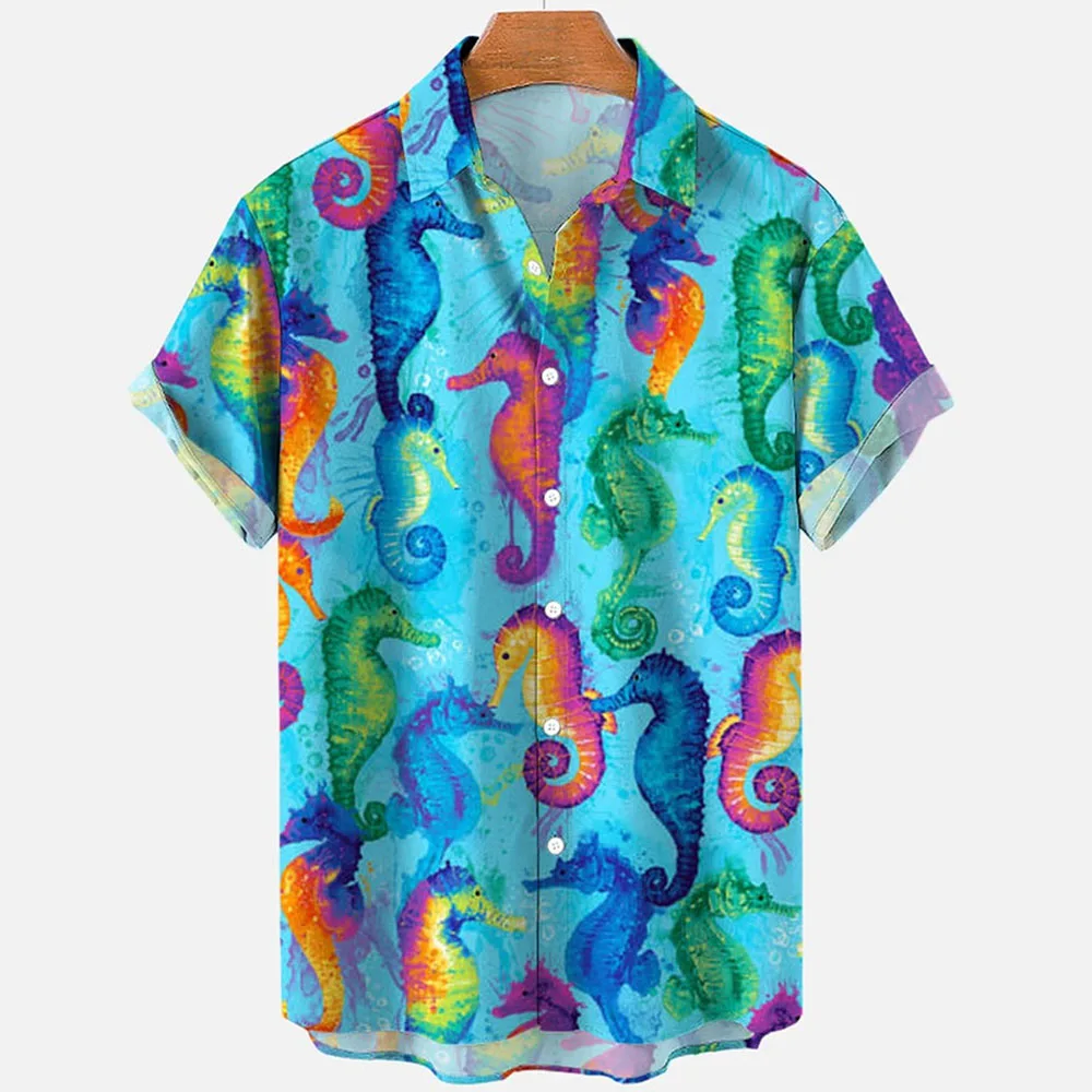 2023 Sea Animals Seahorse Fish 3d Pattern Hawaiian Shirt Male Clothes Men's Shirt Summer Casual Short Sleeve Loose Summer Shirts