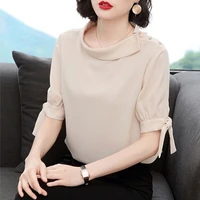 elegant stand collar irregular beading lace up oversized chiffon blouse loose casual pullovers summer commute womens shirt