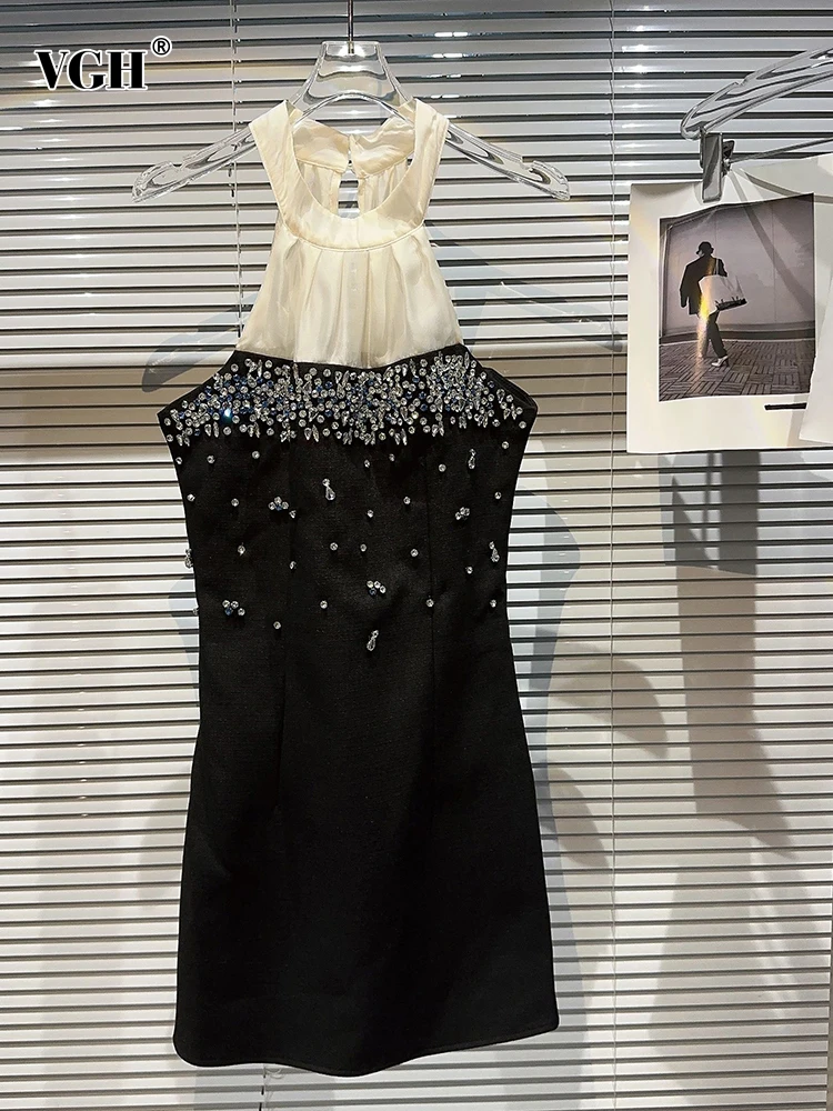 

VGH Hit Color Patchwork Diamonds Elegant Dress For Women Halter Sleeveless High Waist Backless Temperament Dresses Female New