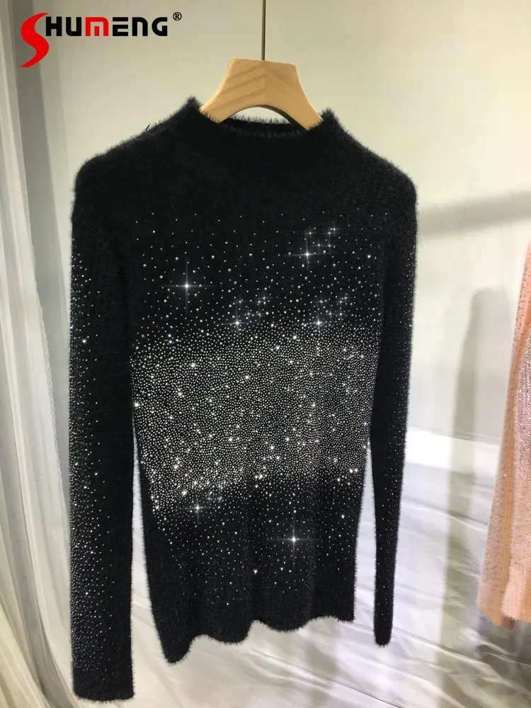 

Heavy Embroidery Hot Drilling Sweater Women Warm Mink Fur Half-High Collar Long Sleeves Slim Autumn Winter New Knitted Pullover