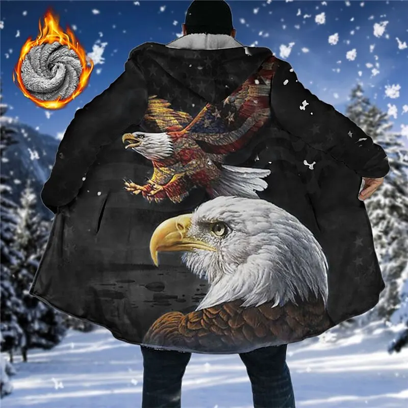 

2023 Winter Fleece Coat Jackets New Outerwear Sweatshirts Zip Up Hoodies USA Flag Eagle Tribal Graphics Parka Overcoat Clothing