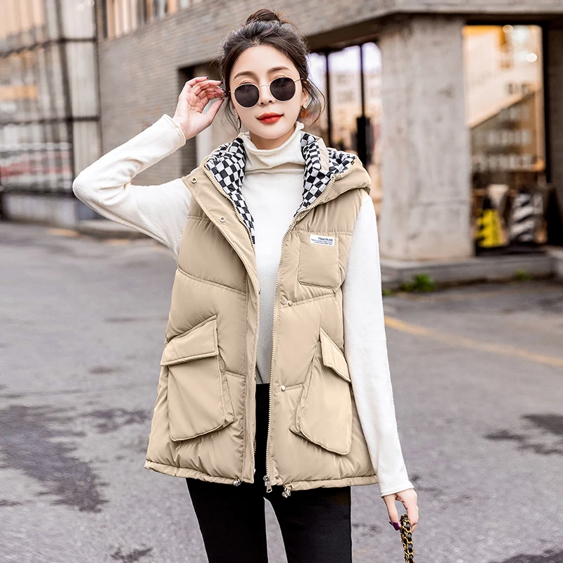 

Beardon 2023 Autumn/Winter New Fashion Women's Short Vest Hooded Loose Sleeveless Large Pocket Tank Top Down Cotton Coat