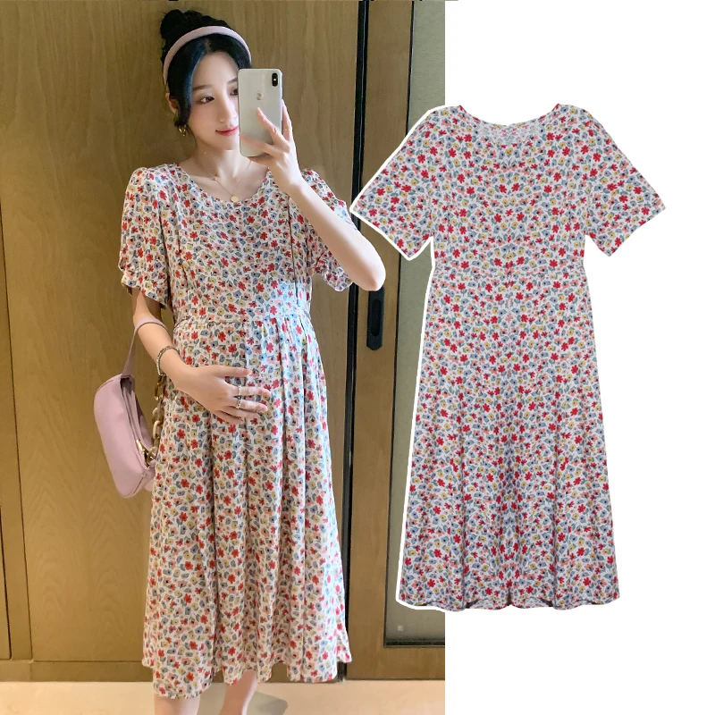 

6032# 2022 Summer Fashion Floral Printed Maternity Long Dress Elegant A Line Slim Clothes for Pregnant Women OL Formal Pregnancy